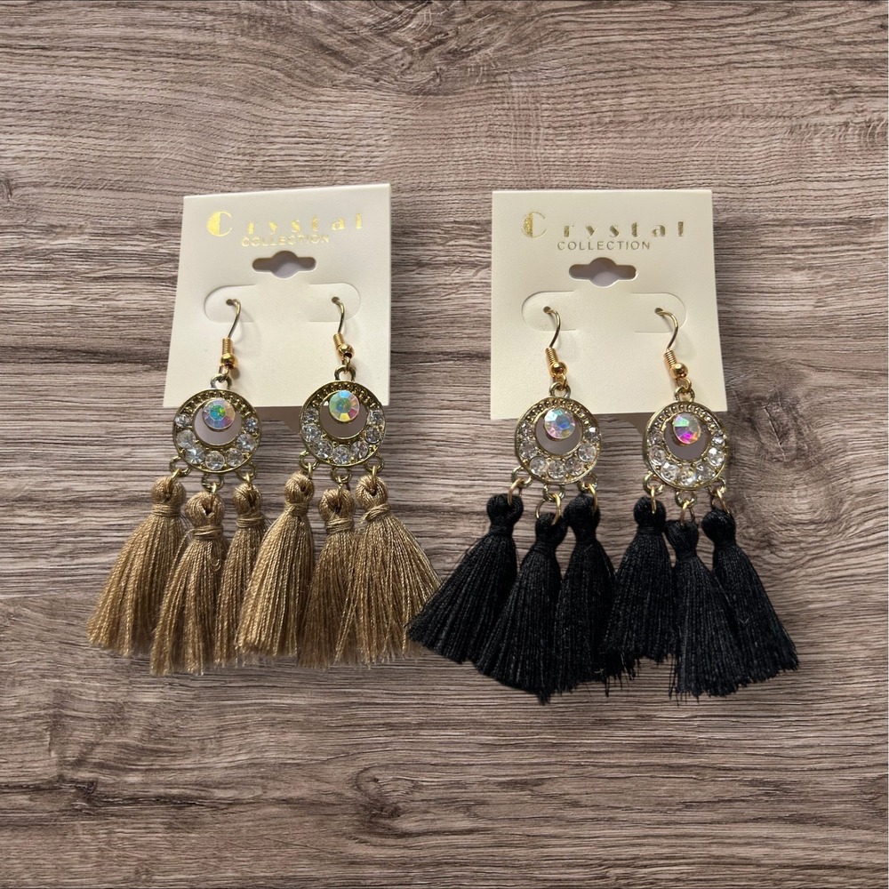2 Pair Earrings Crystal Collection‎ Tassel Earrings Rhinestone Dangle Drop Boho
